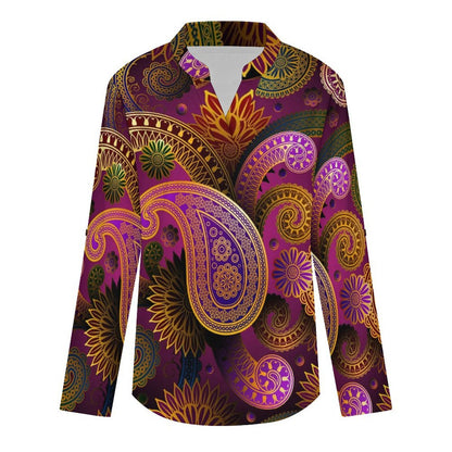 Paisley  Versatile Notched V-Neck Tunic | Roll Tab 3/4 Sleeve Office Casual Top