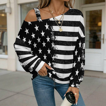 Buckle Strap Asymmetrical Off Shoulder Knit Sweater American Flag Black