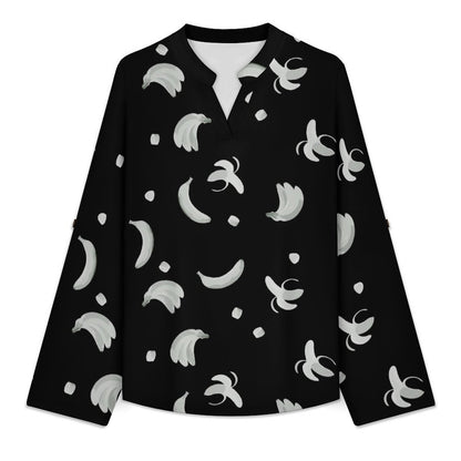 Banana T-shirt Phone Cover  Versatile Notched V-Neck Tunic | Roll Tab 3/4 Sleeve Office Casual Top