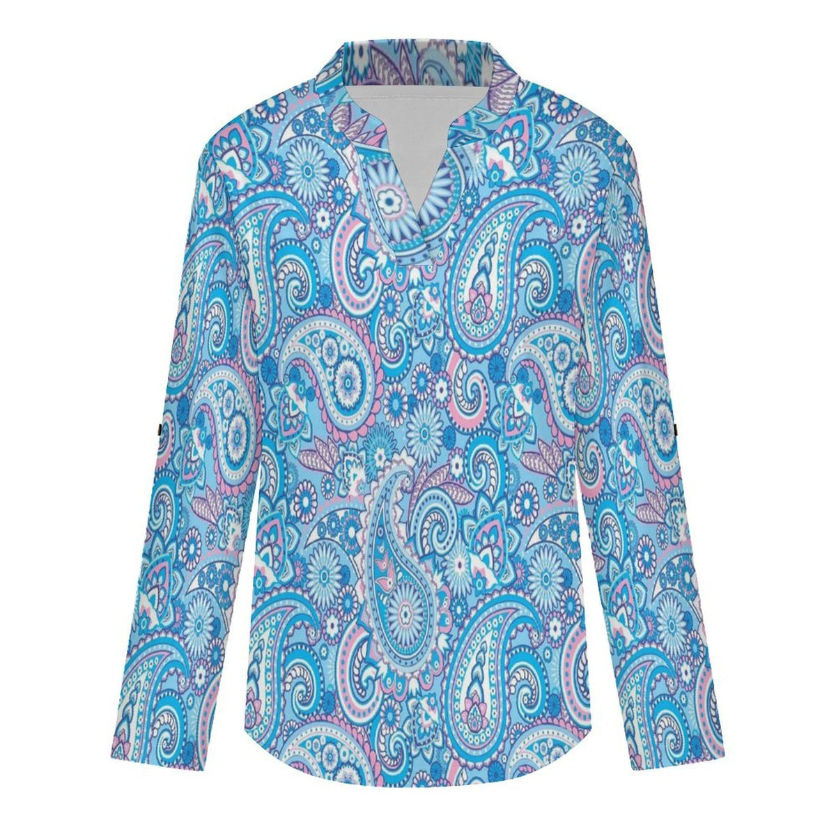 Paisley  Versatile Notched V-Neck Tunic | Roll Tab 3/4 Sleeve Office Casual Top