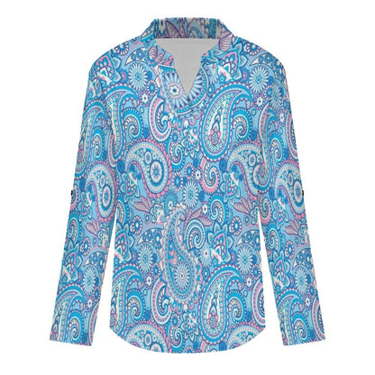 Paisley  Versatile Notched V-Neck Tunic | Roll Tab 3/4 Sleeve Office Casual Top