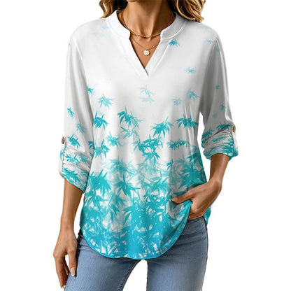 Leaf Pattern  Versatile Notched V-Neck Tunic | Roll Tab 3/4 Sleeve Office Casual Top