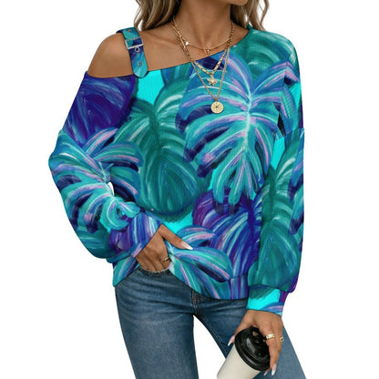 Oil Painting, Marijuana Leaf Buckle Strap Asymmetrical Off Shoulder Knit Sweater