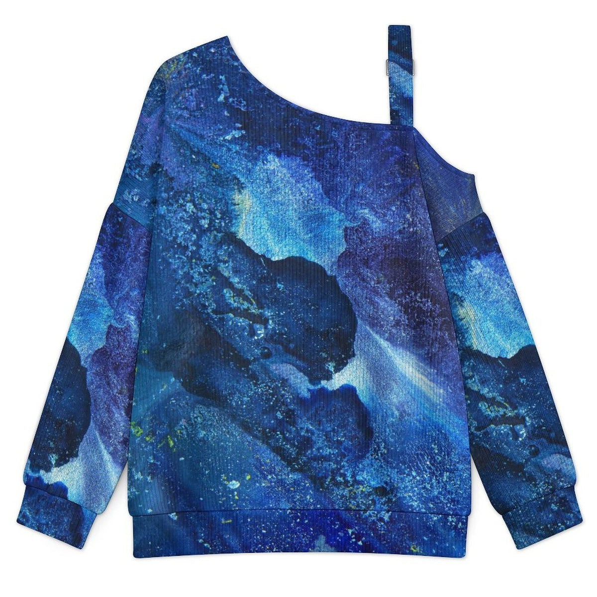 Off-the-shoulder Sweater Blue Background, Abstract Pattern  Asymmetric Cold Shoulder Knit Sweater for Women, Adjustable Buckle Strap Long Sleeve Casual Slouchy Pullover