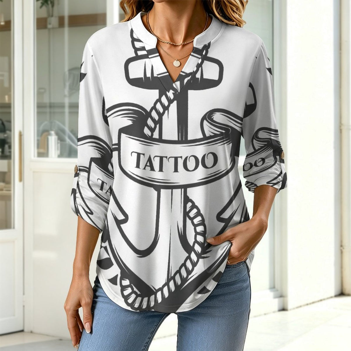 Anchor, T-shirt  Versatile Notched V-Neck Tunic | Roll Tab 3/4 Sleeve Office Casual Top