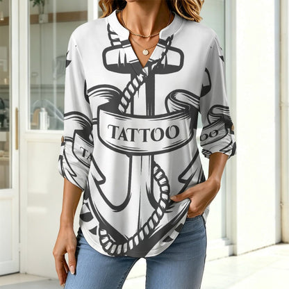 Anchor, T-shirt  Versatile Notched V-Neck Tunic | Roll Tab 3/4 Sleeve Office Casual Top