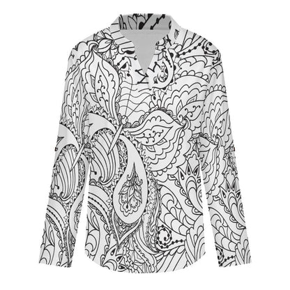 Stand-up Collar Long-sleeved Shirt Retro Pattern  Customization Women’s V-Neck Blouses,long Sleeve,Roll-Up Sleeve Shirt