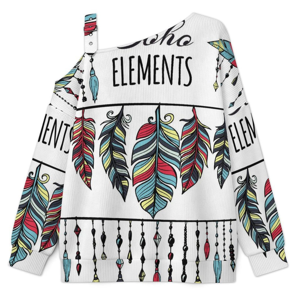 Off-the-shoulder Sweater Boho Style  Asymmetric Cold Shoulder Knit Sweater for Women, Adjustable Buckle Strap Long Sleeve Casual Slouchy Pullover