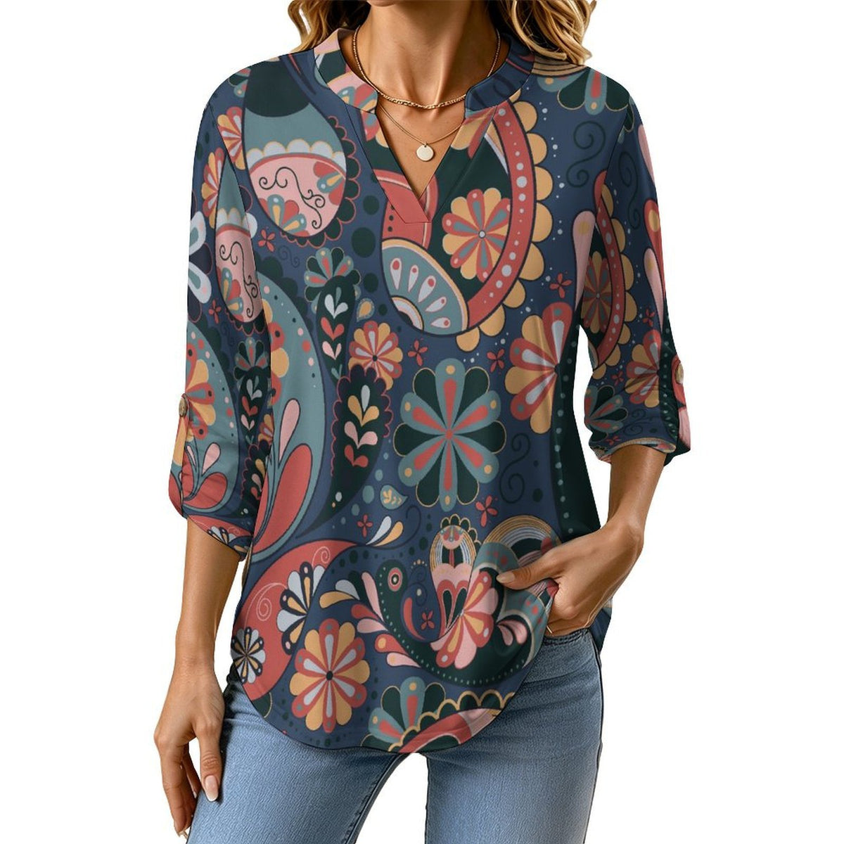 Stand-up Collar Long-sleeved Shirt Color, Paisley Pattern  Customization Women’s V-Neck Blouses,long Sleeve,Roll-Up Sleeve Shirt