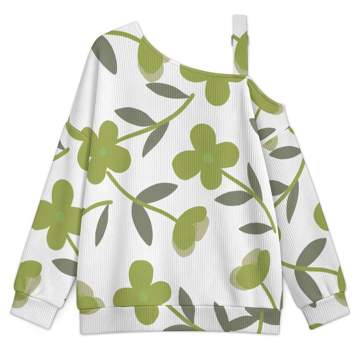 Off-the-shoulder Sweater Grass Green Tile Decorative Pattern  Asymmetric Cold Shoulder Knit Sweater for Women, Adjustable Buckle Strap Long Sleeve Casual Slouchy Pullover