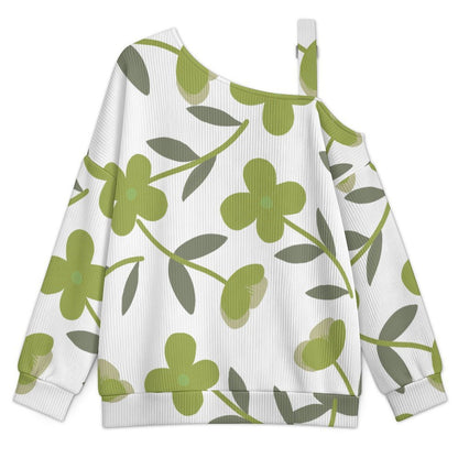 Off-the-shoulder Sweater Grass Green Tile Decorative Pattern  Asymmetric Cold Shoulder Knit Sweater for Women, Adjustable Buckle Strap Long Sleeve Casual Slouchy Pullover