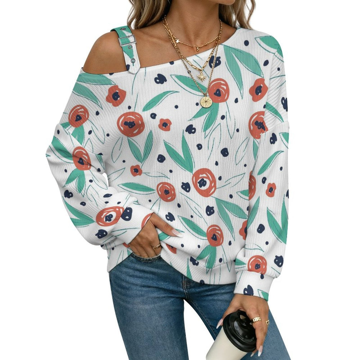 Off-the-shoulder Sweater Floral Pattern  Asymmetric Cold Shoulder Knit Sweater for Women, Adjustable Buckle Strap Long Sleeve Casual Slouchy Pullover