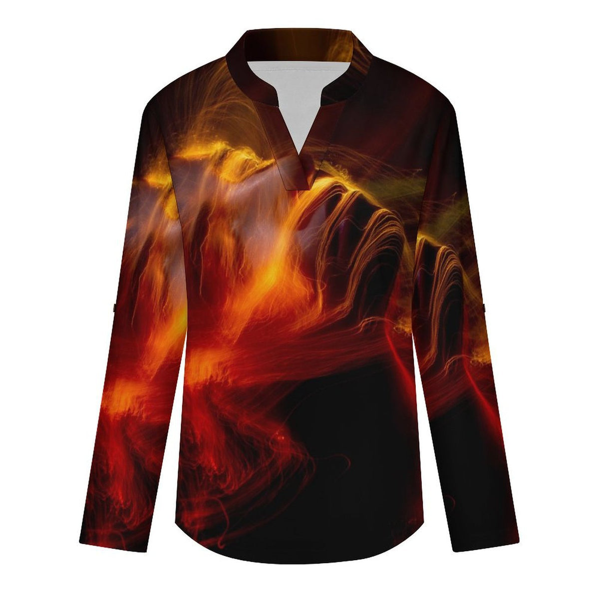 Stand-up Collar Long-sleeved Shirt Red Light  Customization Women’s V-Neck Blouses,long Sleeve,Roll-Up Sleeve Shirt