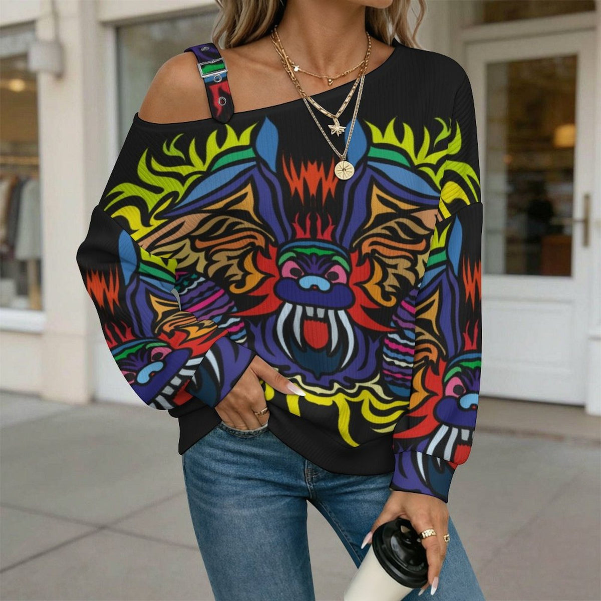 Off-the-shoulder Sweater Abstract Animal Pattern  Asymmetric Cold Shoulder Knit Sweater for Women, Adjustable Buckle Strap Long Sleeve Casual Slouchy Pullover
