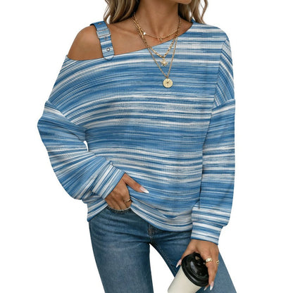 Off-the-shoulder Sweater Blue Stripe  Asymmetric Cold Shoulder Knit Sweater for Women, Adjustable Buckle Strap Long Sleeve Casual Slouchy Pullover