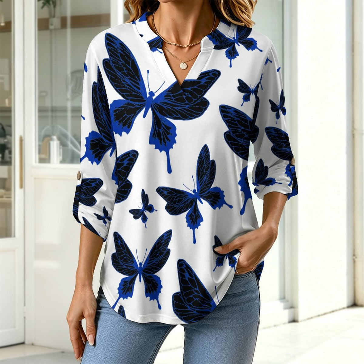 Butterfly Good Luck Repeat Pattern  Versatile Notched V-Neck Tunic | Roll Tab 3/4 Sleeve Office Casual Top
