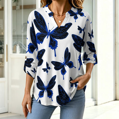 Butterfly Good Luck Repeat Pattern  Versatile Notched V-Neck Tunic | Roll Tab 3/4 Sleeve Office Casual Top