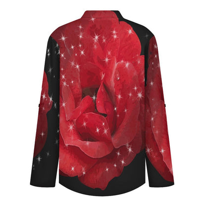 Women's Notched V Neck Tunic Tops, Roll Up 3/4 Sleeve Button Cuff Casual Blouse, Hem Loose Work Shirts Red Roses