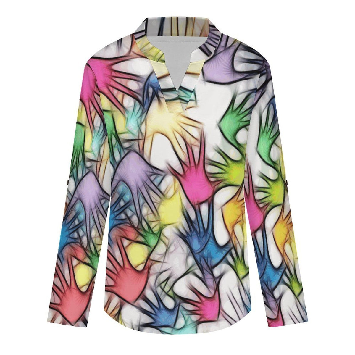Stand-up Collar Long-sleeved Shirt Colored Hands, Shadows, Abstractions  Customization Women’s V-Neck Blouses,long Sleeve,Roll-Up Sleeve Shirt