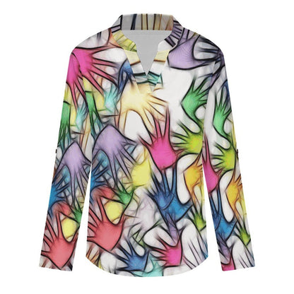 Stand-up Collar Long-sleeved Shirt Colored Hands, Shadows, Abstractions  Customization Women’s V-Neck Blouses,long Sleeve,Roll-Up Sleeve Shirt