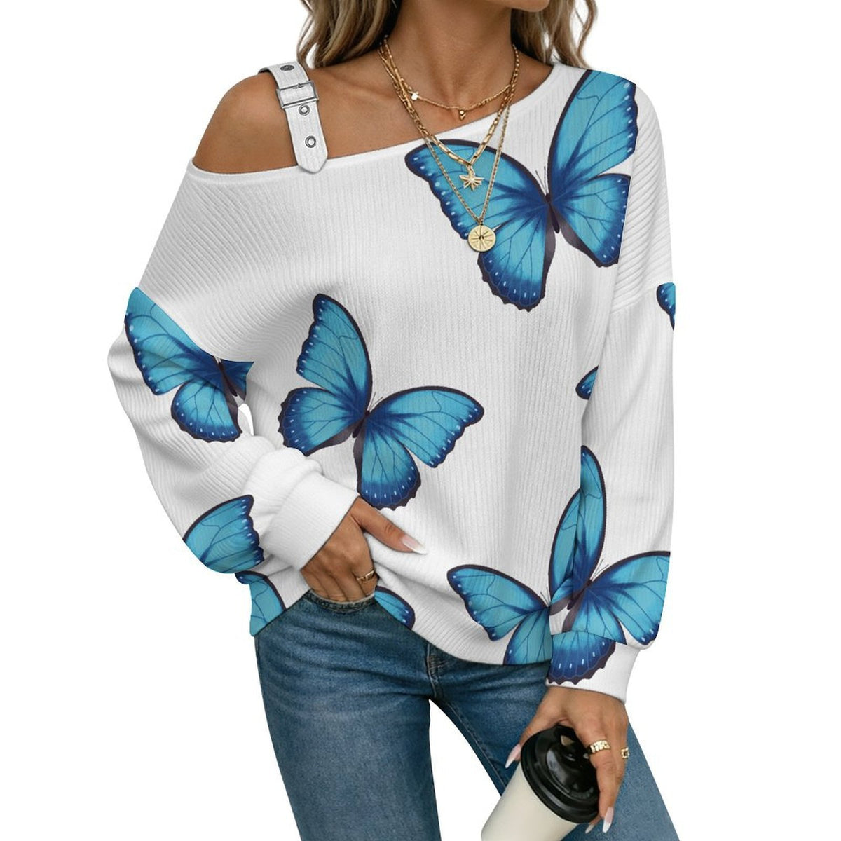 Off-the-shoulder Sweater Blue Morpho Butterfly Tile Decorative Pattern  Asymmetric Cold Shoulder Knit Sweater for Women, Adjustable Buckle Strap Long Sleeve Casual Slouchy Pullover