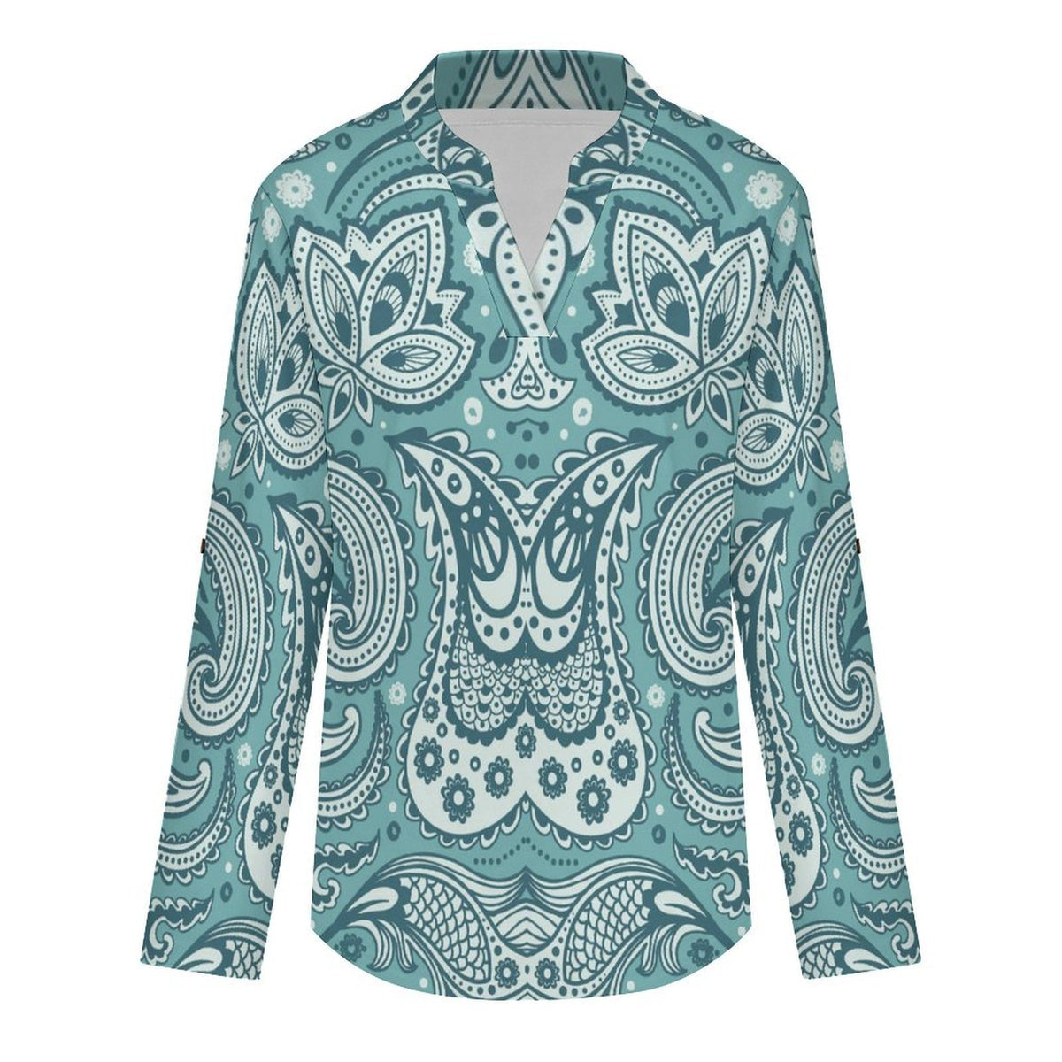 Stand-up Collar Long-sleeved Shirt Paisley  Customization Women’s V-Neck Blouses,long Sleeve,Roll-Up Sleeve Shirt