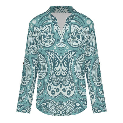 Stand-up Collar Long-sleeved Shirt Paisley  Customization Women’s V-Neck Blouses,long Sleeve,Roll-Up Sleeve Shirt