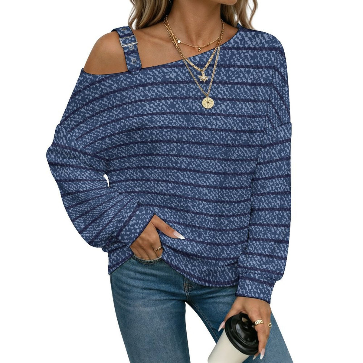 Off-the-shoulder Sweater Blue Stripe  Asymmetric Cold Shoulder Knit Sweater for Women, Adjustable Buckle Strap Long Sleeve Casual Slouchy Pullover