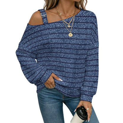 Off-the-shoulder Sweater Blue Stripe  Asymmetric Cold Shoulder Knit Sweater for Women, Adjustable Buckle Strap Long Sleeve Casual Slouchy Pullover