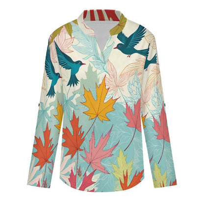 Stand-up Collar Long-sleeved Shirt Plant Bird Maple Leaves  Women’s V-Neck Blouses