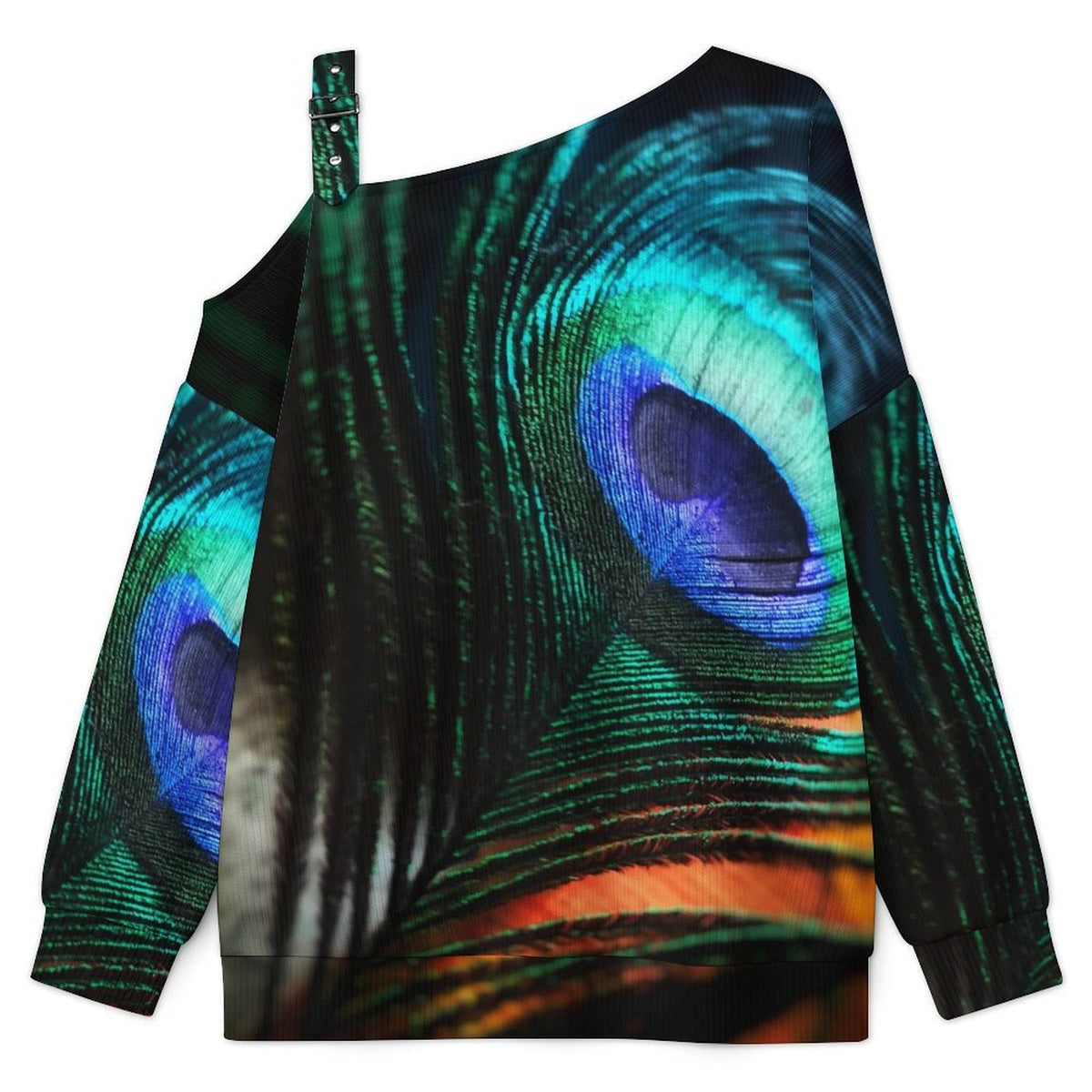 Off-the-shoulder Sweater Peacock Hair Pattern  Asymmetric Cold Shoulder Knit Sweater for Women, Adjustable Buckle Strap Long Sleeve Casual Slouchy Pullover