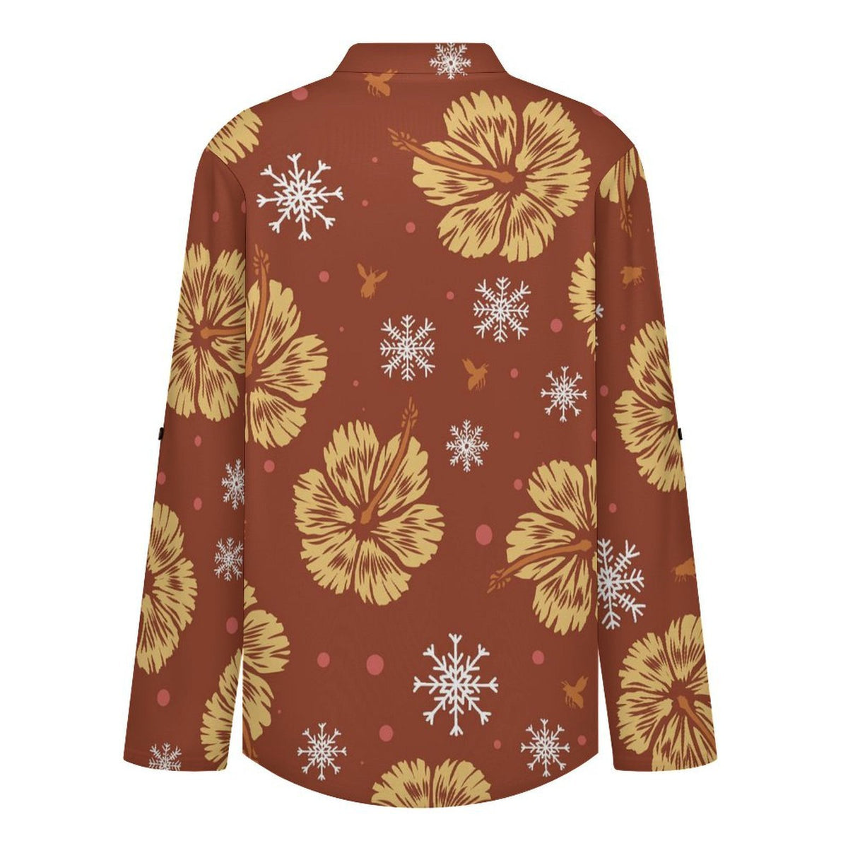Stand-up Collar Long-sleeved Shirt Orange Background, Flowers white S Women’s V-Neck Blouses