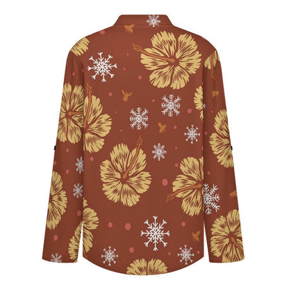 Stand-up Collar Long-sleeved Shirt Orange Background, Flowers white S Women’s V-Neck Blouses
