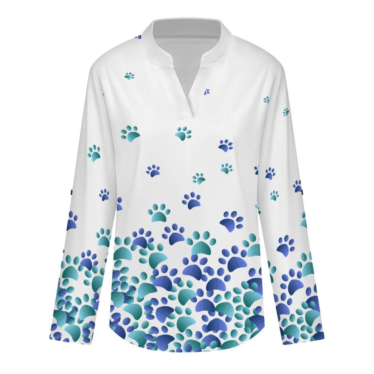 Dog Footprints Dress Blue  Versatile Notched V-Neck Tunic | Roll Tab 3/4 Sleeve Office Casual Top