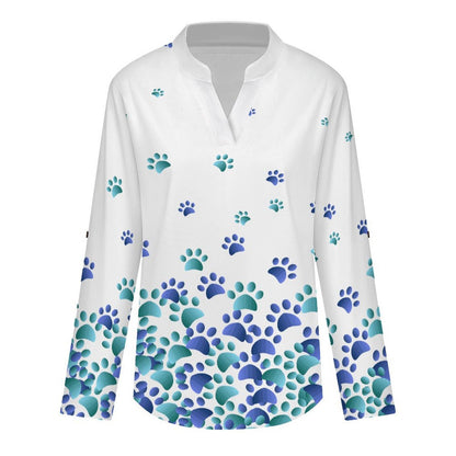 Dog Footprints Dress Blue  Versatile Notched V-Neck Tunic | Roll Tab 3/4 Sleeve Office Casual Top