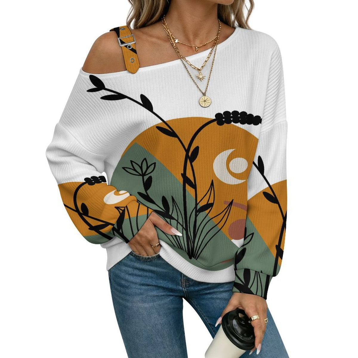 Women’s Off-Shoulder Knit Sweater Chinese Wind Scenery