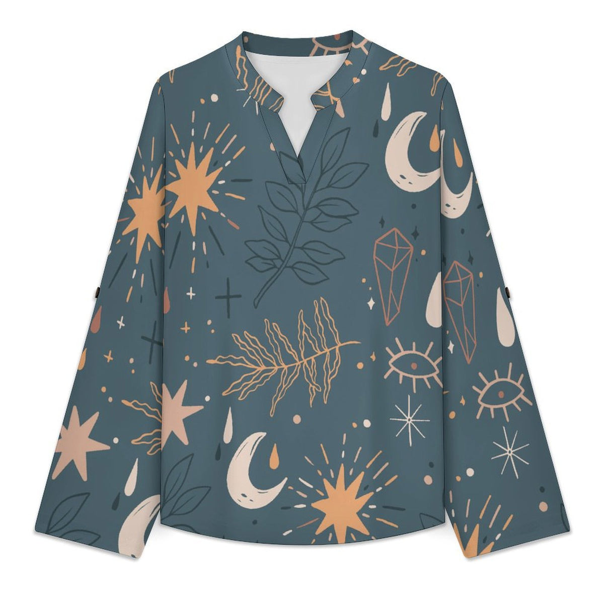 Stand-up Collar Long-sleeved Shirt Dark Green Background, Plant Pattern  Customization Women’s V-Neck Blouses,long Sleeve,Roll-Up Sleeve Shirt