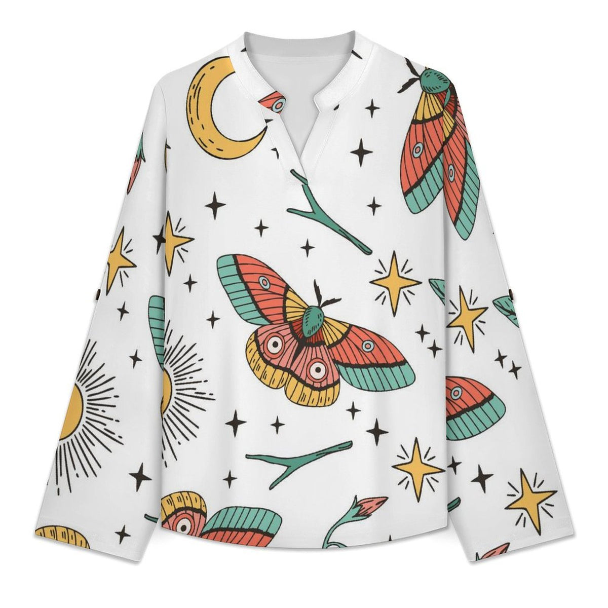 Stand-up Collar Long-sleeved Shirt Color, Butterfly, Pattern  Customization Women’s V-Neck Blouses,long Sleeve,Roll-Up Sleeve Shirt