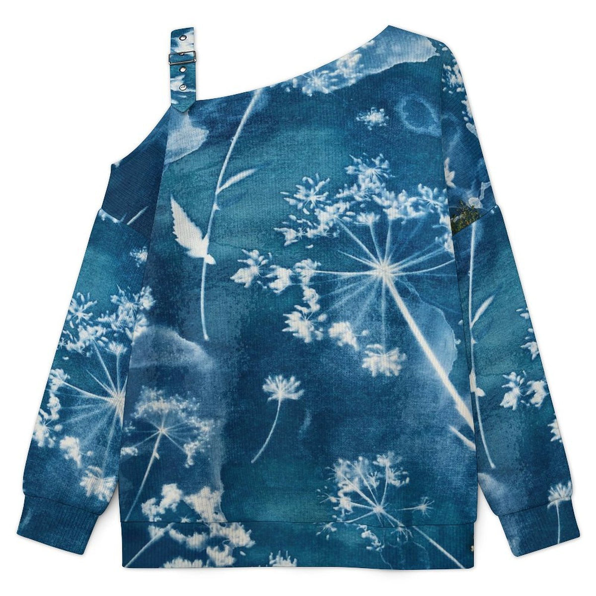 Off-the-shoulder Sweater Deep Sea, Dandelion, Blue  Asymmetric Cold Shoulder Knit Sweater for Women, Adjustable Buckle Strap Long Sleeve Casual Slouchy Pullover
