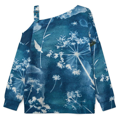 Off-the-shoulder Sweater Deep Sea, Dandelion, Blue  Asymmetric Cold Shoulder Knit Sweater for Women, Adjustable Buckle Strap Long Sleeve Casual Slouchy Pullover
