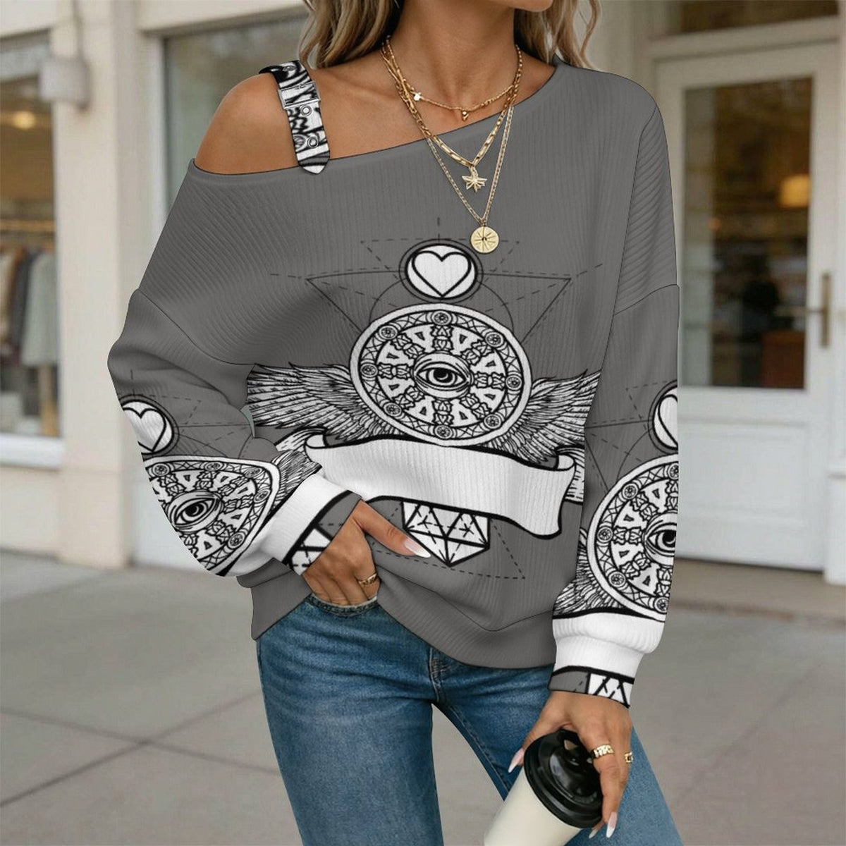 Off-the-shoulder Sweater Wing Eye  Asymmetric Cold Shoulder Knit Sweater for Women, Adjustable Buckle Strap Long Sleeve Casual Slouchy Pullover