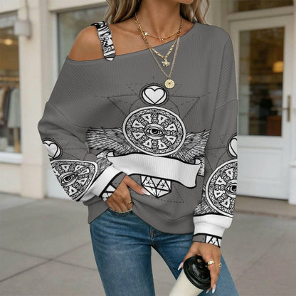 Off-the-shoulder Sweater Wing Eye  Asymmetric Cold Shoulder Knit Sweater for Women, Adjustable Buckle Strap Long Sleeve Casual Slouchy Pullover