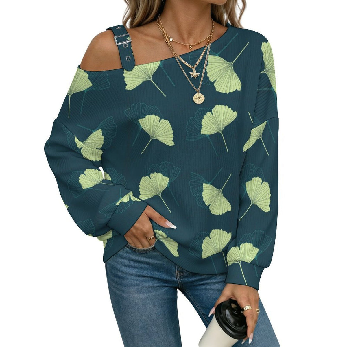 Off-the-shoulder Sweater Falling Ginkgo Leaves  Asymmetric Cold Shoulder Knit Sweater for Women, Adjustable Buckle Strap Long Sleeve Casual Slouchy Pullover