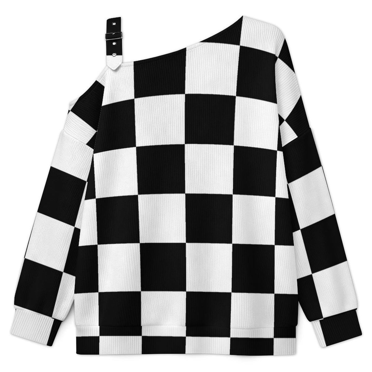 Fall Casual Asymmetric Shoulder Knit Top with Buckle Detail Black And White Checkerboard