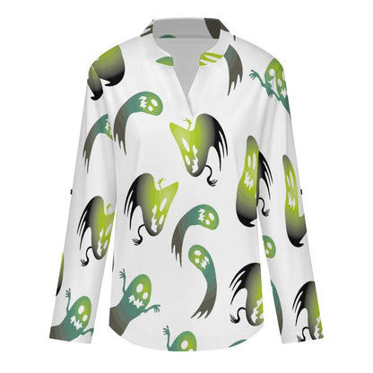 Stand-up Collar Long-sleeved Shirt The Ghost Repeats A Pattern of Gradient Green  Customization Women’s V-Neck Blouses,long Sleeve,Roll-Up Sleeve Shirt