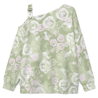 Off-the-shoulder Sweater Flowers Background  Asymmetric Cold Shoulder Knit Sweater for Women, Adjustable Buckle Strap Long Sleeve Casual Slouchy Pullover
