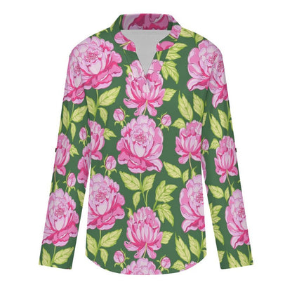 Stand-up Collar Long-sleeved Shirt Pink, Peony, Pink Green