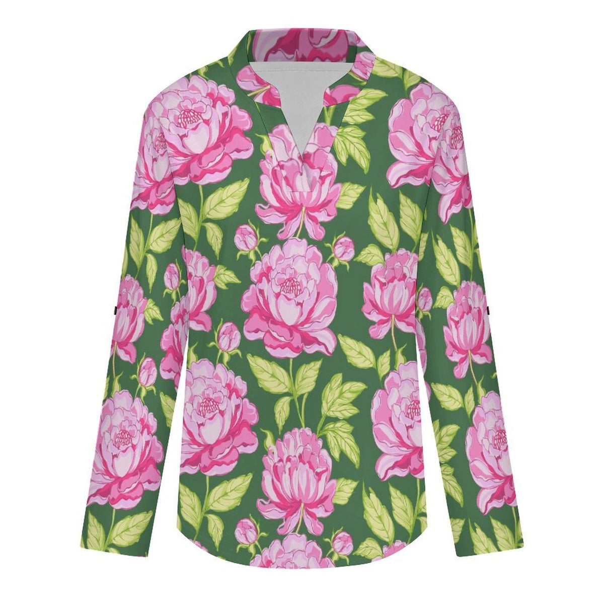 Stand-up Collar Long-sleeved Shirt Pink, Peony, Pink Green  Women’s V-Neck Blouses