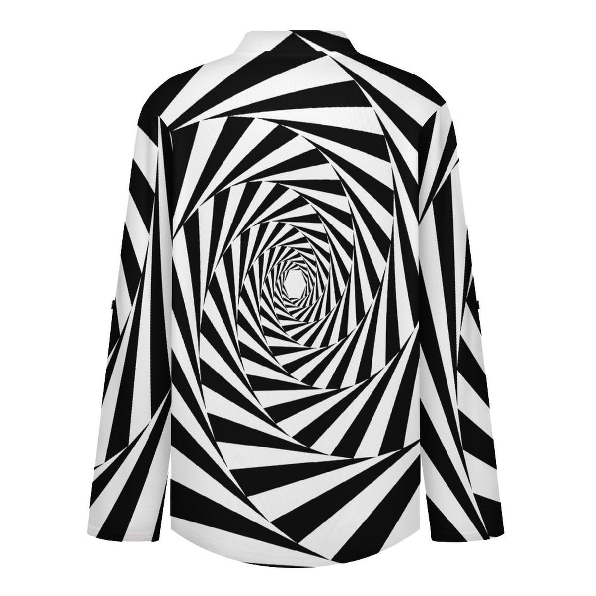 Stand-up Collar Long-sleeved Shirt Black And White Interleaving Pattern  Customization Women’s V-Neck Blouses,long Sleeve,Roll-Up Sleeve Shirt