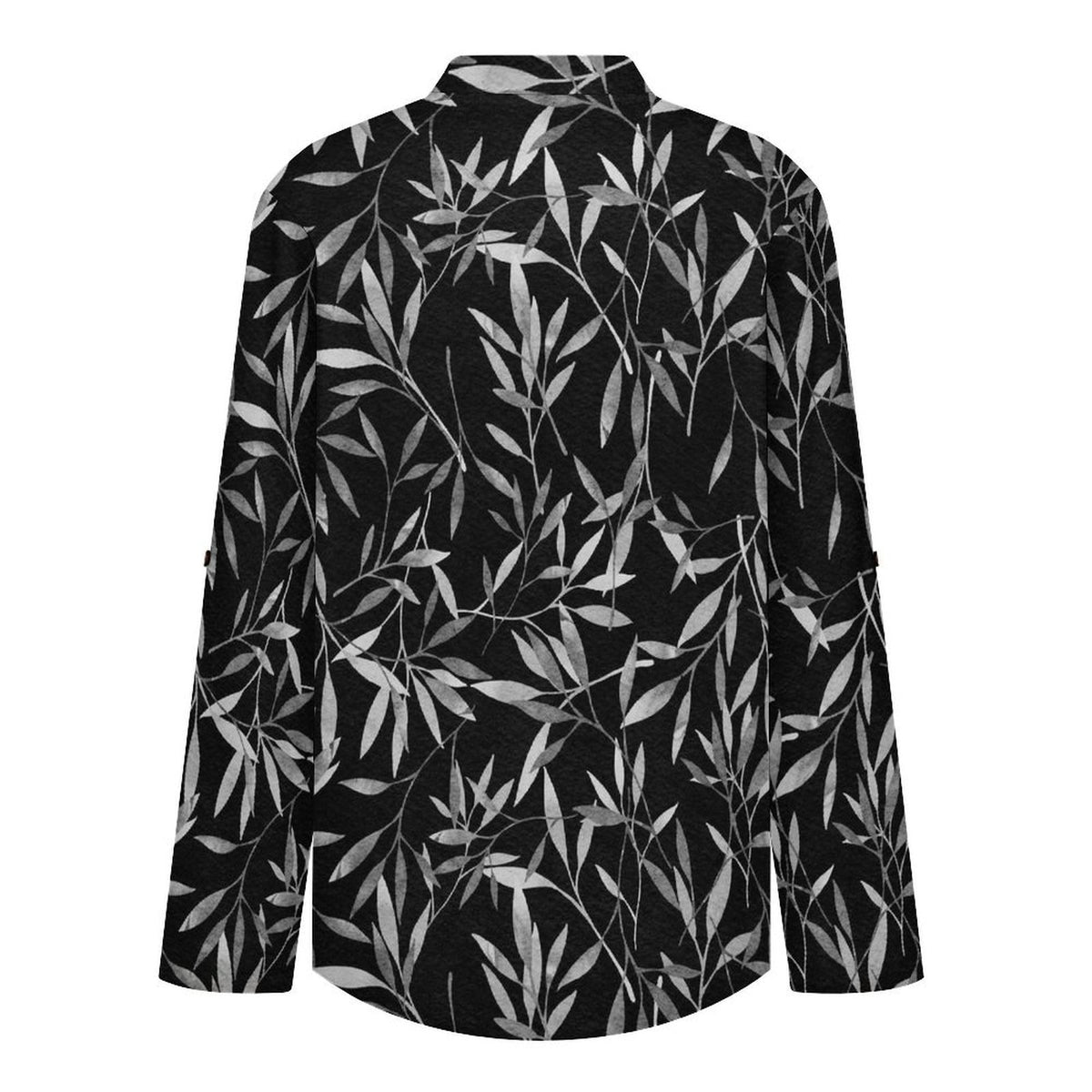 Stand-up Collar Long-sleeved Shirt Plant Leaf  Customization Women’s V-Neck Blouses,long Sleeve,Roll-Up Sleeve Shirt